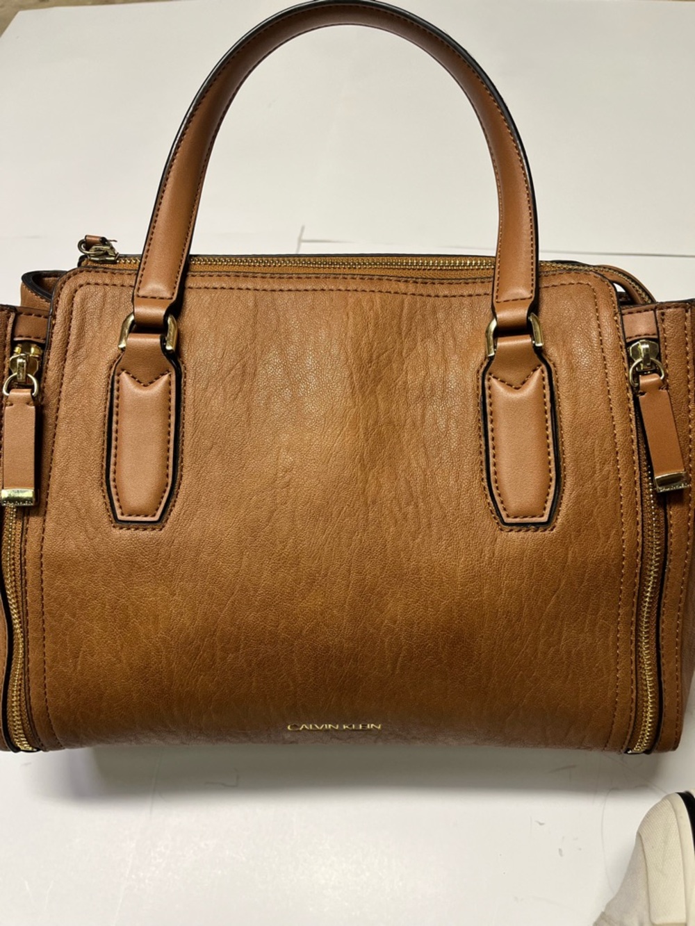 Calvin Klein Cognac Leather Satchel with Gold Hardware